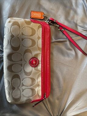 Coach Beige Signature Wristlet with Pink Trim